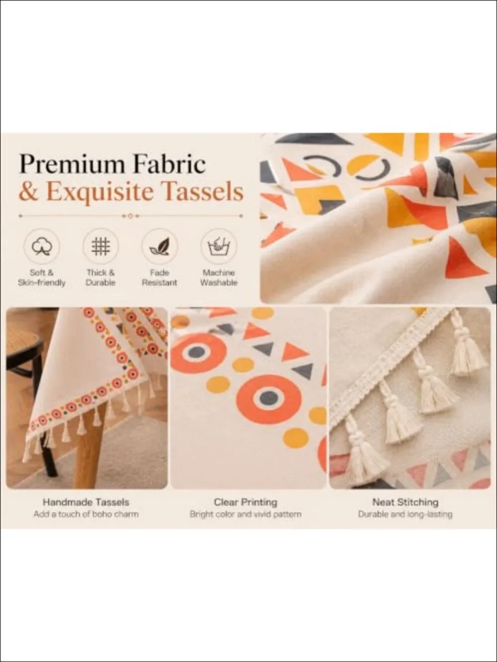 Boho Tablecloth Waterproof Rectangle Cover for 6-8 ft Tables Tassel Trim